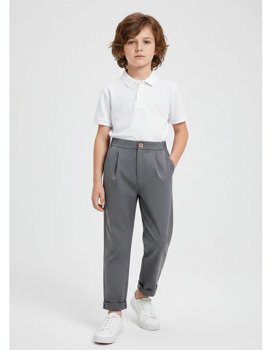 Pantalon À Pince Gris Plissé Décontracté Garçon - Polyester