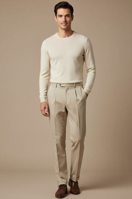 Pantalon À Pince Beige Slim Plissé Élégant Classique - Gabardine