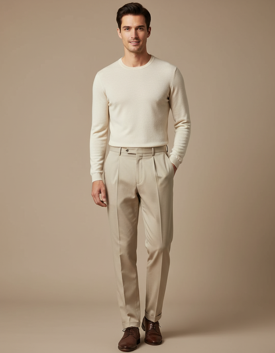 Pantalon À Pince Beige Slim Plissé Élégant Classique - Gabardine