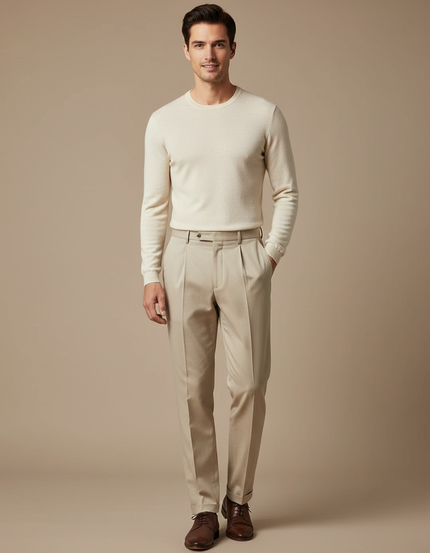 Pantalon À Pince Beige Slim Plissé Élégant Classique - Gabardine