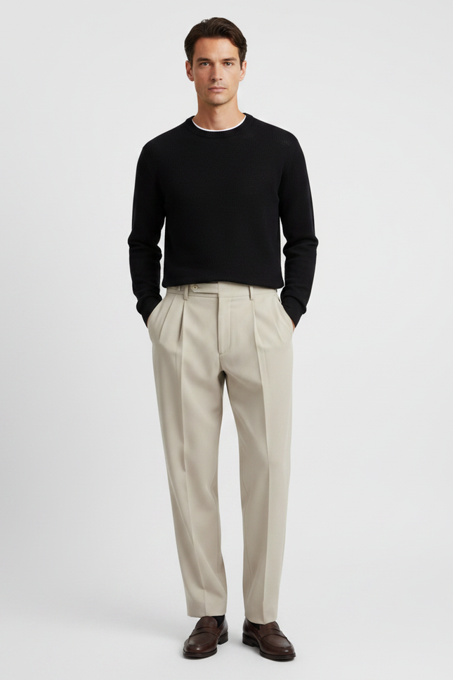 Pantalon À Pince Beige Plissé Classique Homme - Gabardine
