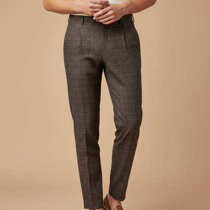 Pantalon À Pince Marron Carreaux Slim Élégant Homme - Laine