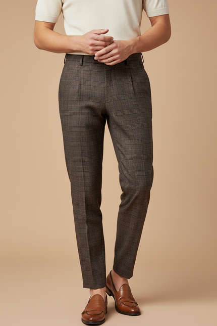 Pantalon À Pince Marron Carreaux Slim Élégant Homme - Laine