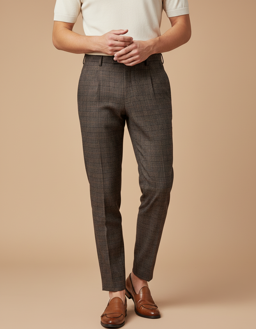Pantalon À Pince Marron Carreaux Slim Élégant Homme - Laine