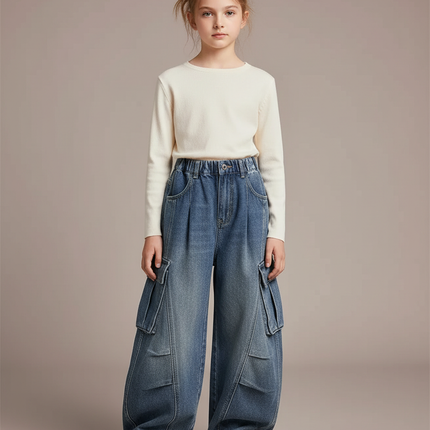 Pantalon À Pince Cargo Ample Denim Enfant Décontracté - Bleu Jean