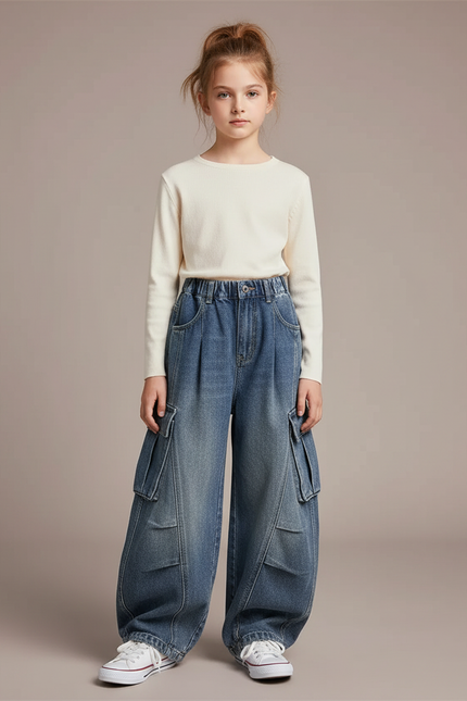 Pantalon À Pince Cargo Ample Denim Enfant Décontracté - Bleu Jean
