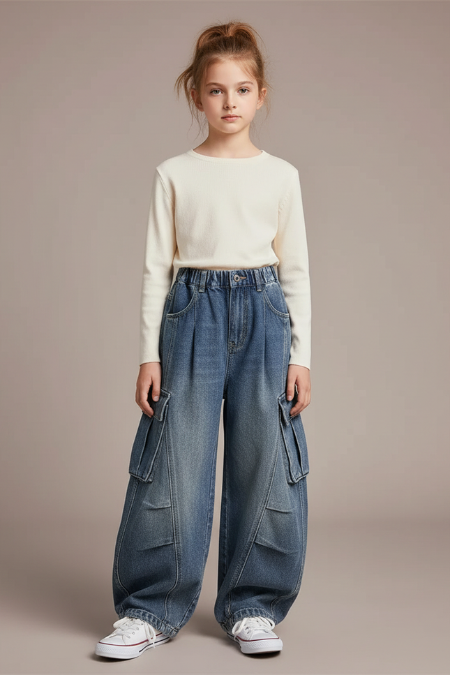 Pantalon À Pince Cargo Ample Denim Enfant Décontracté - Bleu Jean