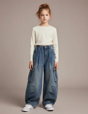 Pantalon À Pince Cargo Ample Denim Enfant Décontracté - Bleu Jean