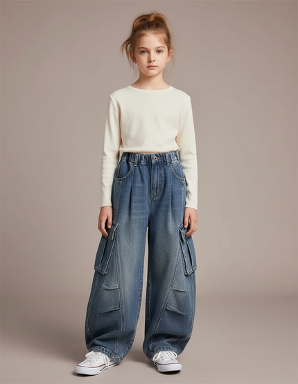 Pantalon À Pince Cargo Ample Denim Enfant Décontracté - Bleu Jean