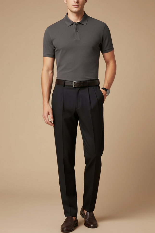 Pantalon À Pince Noir Plissé Droit Élégant Coton - Gabardine