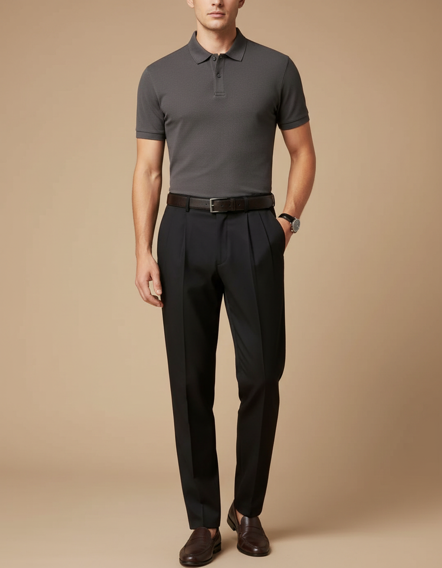 Pantalon À Pince Noir Plissé Droit Élégant Coton - Gabardine