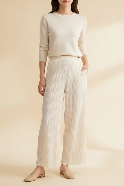 Pantalon À Pince Plissé Fluide Crème Ample Élégant - Beige Maille