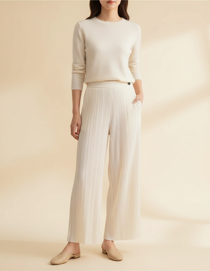 Pantalon À Pince Plissé Fluide Crème Ample Élégant - Beige Maille
