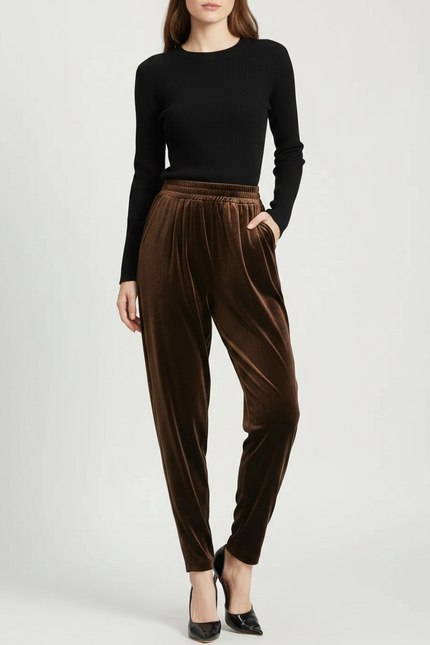 Pantalon À Pince Marron Velours Fluide Ample Femme