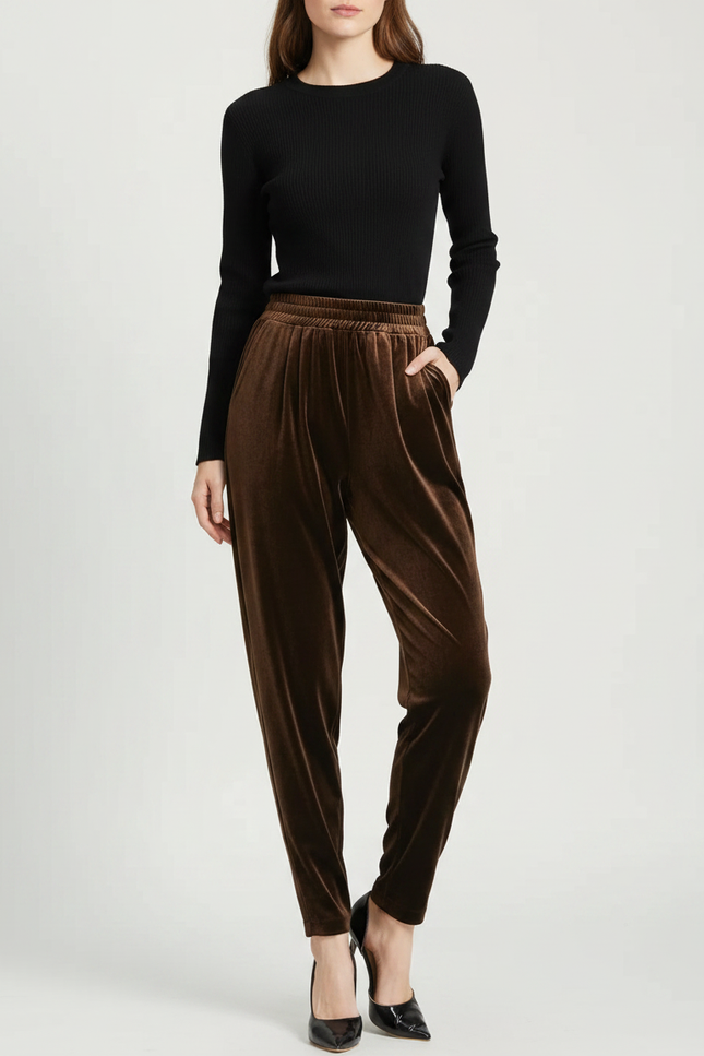 Pantalon À Pince Marron Velours Fluide Ample Femme