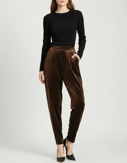 Pantalon À Pince Marron Velours Fluide Ample Femme