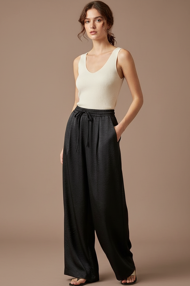 Pantalon À Pince Noir Satiné Fluide Ample Élégant