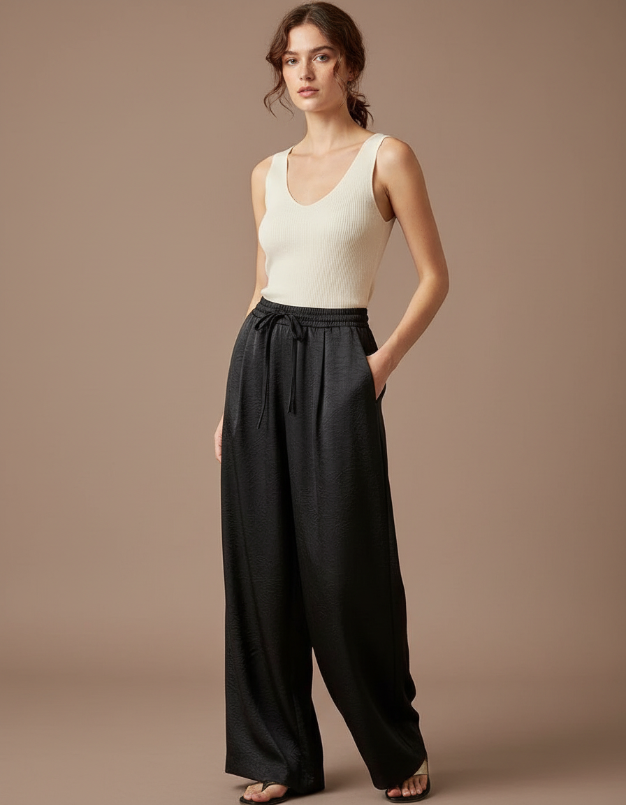 Pantalon À Pince Noir Satiné Fluide Ample Élégant