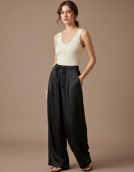 Pantalon À Pince Noir Satiné Fluide Ample Élégant