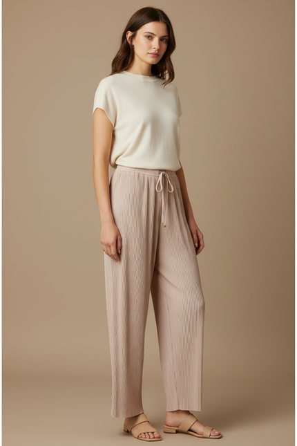 Pantalon À Pince Plissé Fluide Beige Confortable Décontracté Femme - Polyester