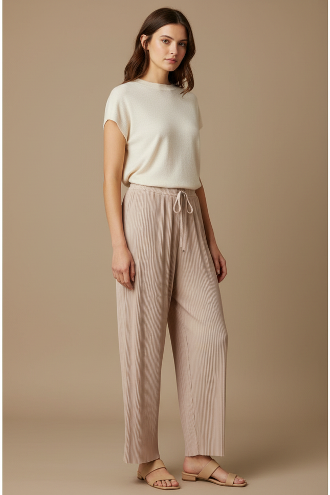 Pantalon À Pince Plissé Fluide Beige Confortable Décontracté Femme - Polyester