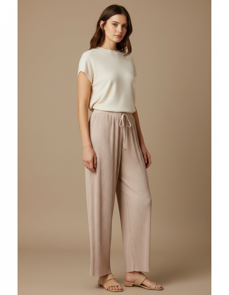 Pantalon À Pince Plissé Fluide Beige Confortable Décontracté Femme - Polyester