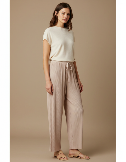 Pantalon À Pince Plissé Fluide Beige Confortable Décontracté Femme - Polyester