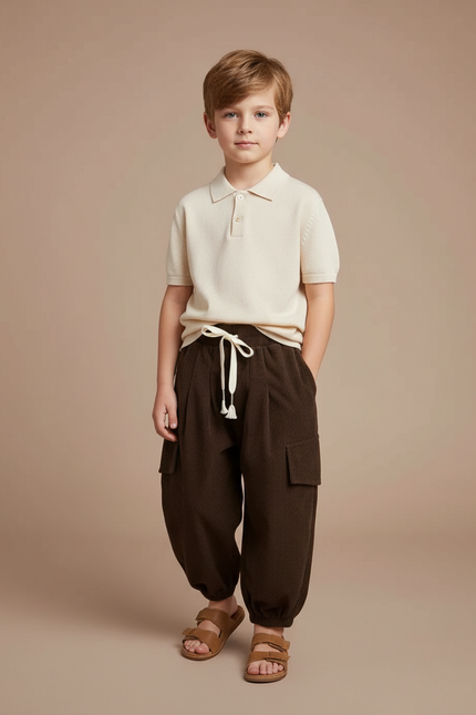 Pantalon À Pince Marron Côtelé Ample Enfant - Cordé