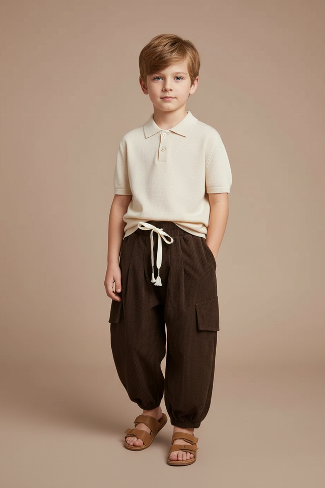 Pantalon À Pince Marron Côtelé Ample Enfant - Cordé