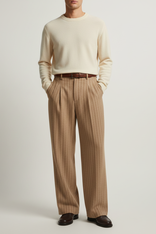 Pantalon À Pince Marron Rayé Ample Plissé Homme - Laine