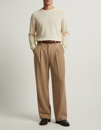 Pantalon À Pince Marron Rayé Ample Plissé Homme - Laine