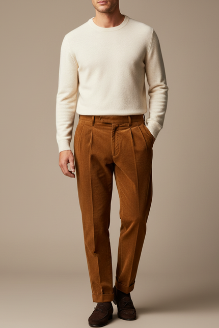 Pantalon À Pince Marron Côtelé Plissé Droit Décontracté Homme - Cordé