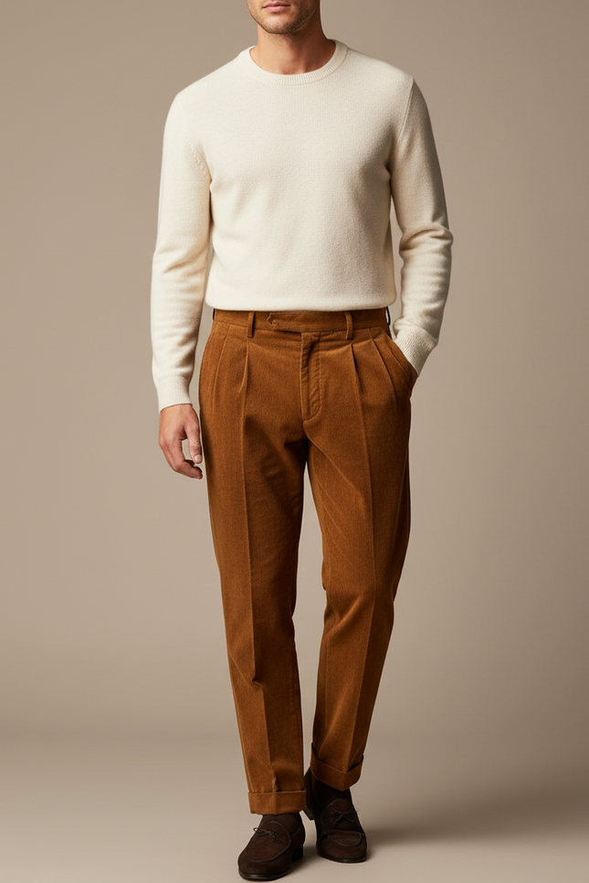 Pantalon À Pince Marron Côtelé Plissé Droit Décontracté Homme - Cordé