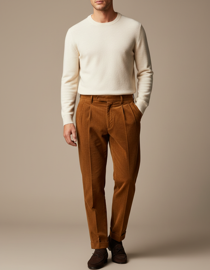 Pantalon À Pince Marron Côtelé Plissé Droit Décontracté Homme - Cordé