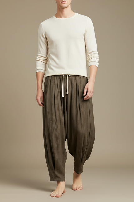Pantalon À Pince Lin Plissé Ample Homme Kaki
