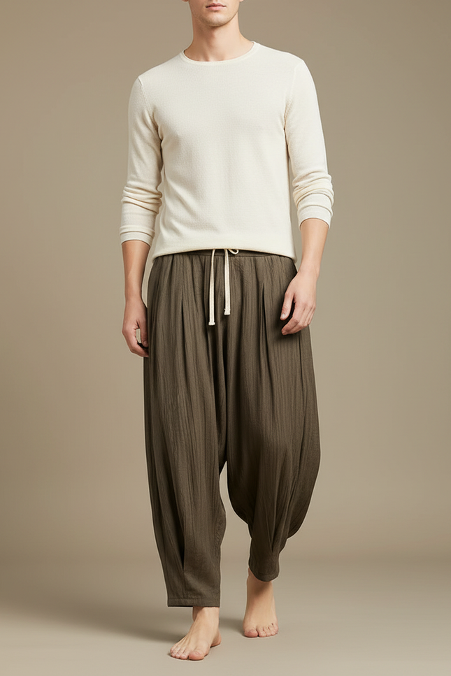 Pantalon À Pince Lin Plissé Ample Homme Kaki