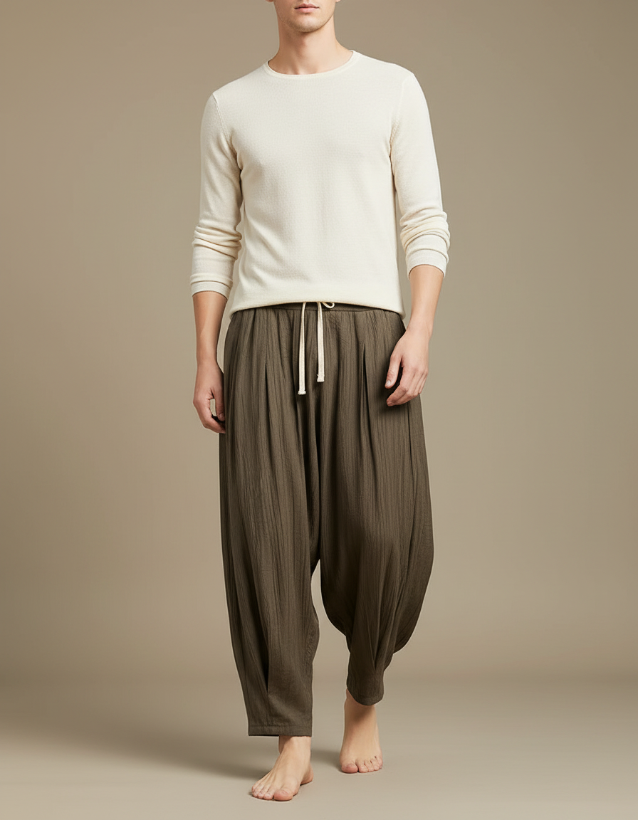 Pantalon À Pince Lin Plissé Ample Homme Kaki
