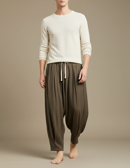 Pantalon À Pince Lin Plissé Ample Homme Kaki