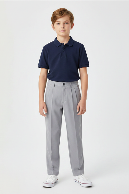 Pantalon À Pince Gris Droit Plissé Garçon Élégant - Gabardine