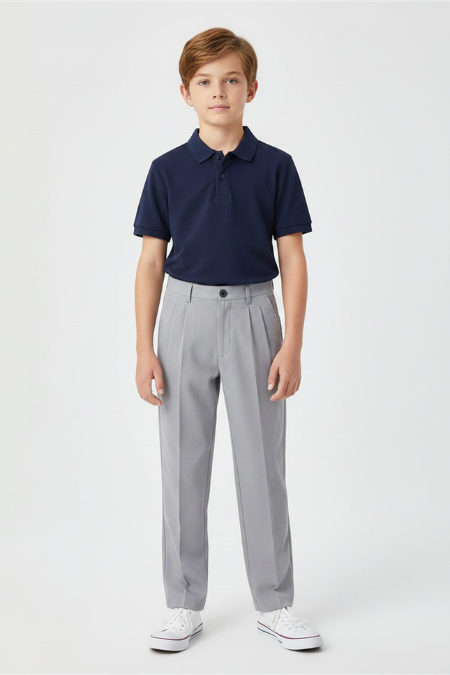 Pantalon À Pince Gris Droit Plissé Garçon Élégant - Gabardine