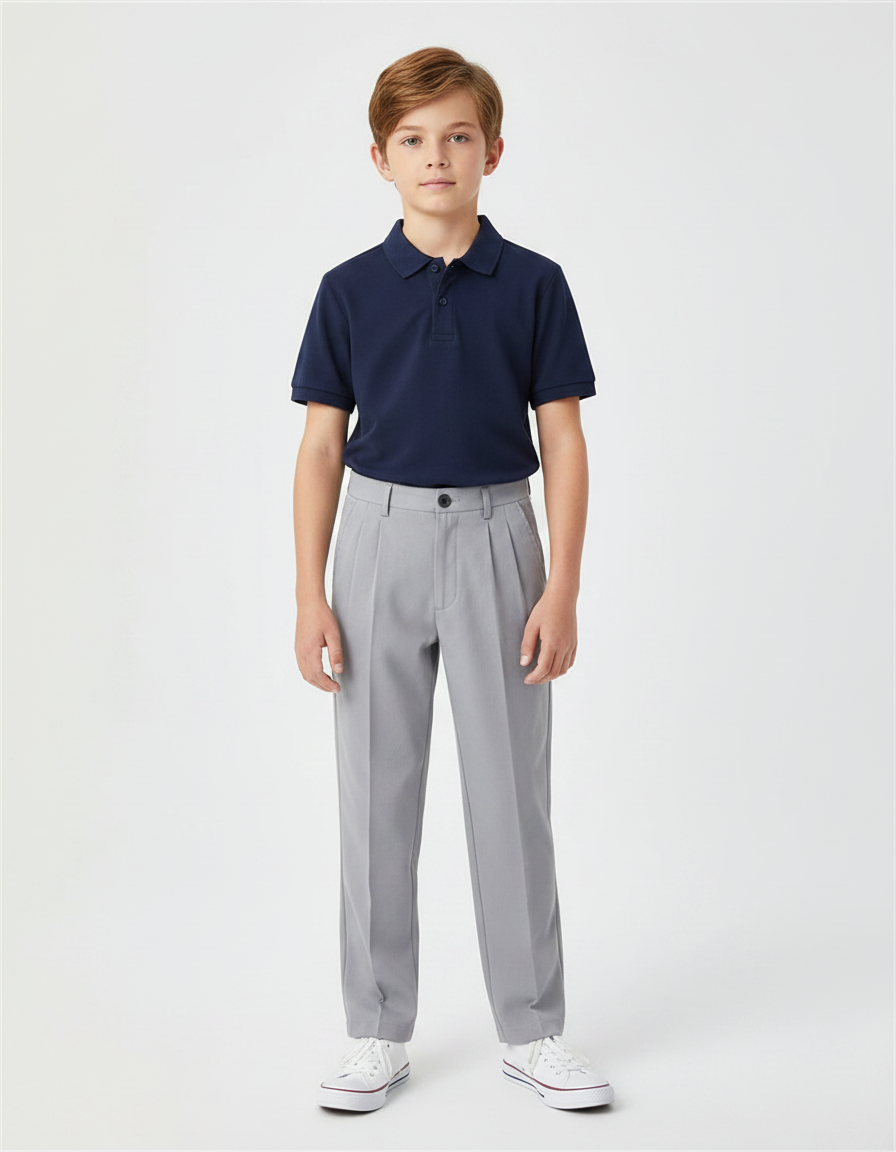 Pantalon À Pince Gris Droit Plissé Garçon Élégant - Gabardine