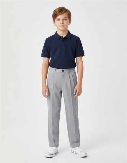 Pantalon À Pince Gris Droit Plissé Garçon Élégant - Gabardine