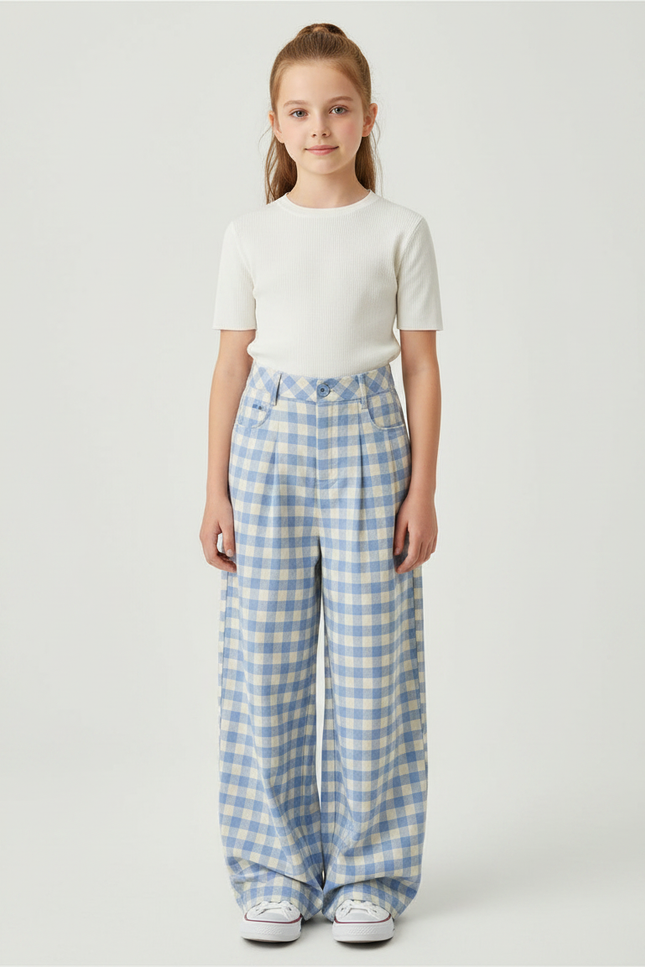 Pantalon À Pince Carreaux Bleus Ample Taille Haute - Imprimé Molleton