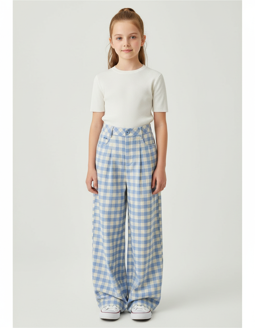 Pantalon À Pince Carreaux Bleus Ample Taille Haute - Imprimé Molleton