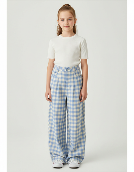 Pantalon À Pince Carreaux Bleus Ample Taille Haute - Imprimé Molleton