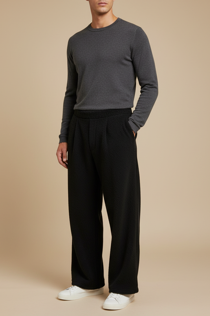 Pantalon À Pince Noir Texturé Ample Décontracté Homme - Maille