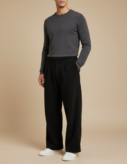 Pantalon À Pince Noir Texturé Ample Décontracté Homme - Maille