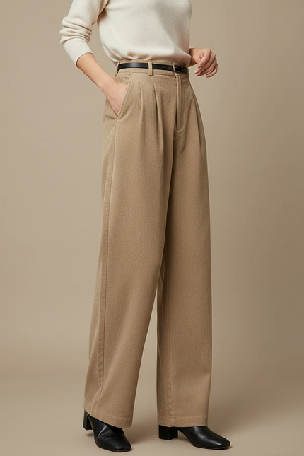 Pantalon À Pince Beige Velours Côtelé Ample Taille Haute - Cordé