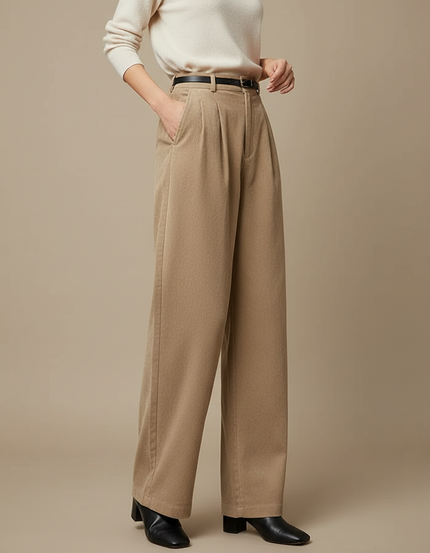 Pantalon À Pince Beige Velours Côtelé Ample Taille Haute - Cordé