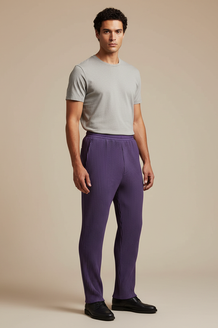 Pantalon À Pince Violet Plissé Ample Homme Décontracté - Polyester